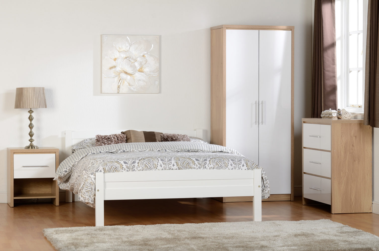 Seville Bedroom Set in Light Oak Veneer and Black High Gloss Bedroom Wardrobe 